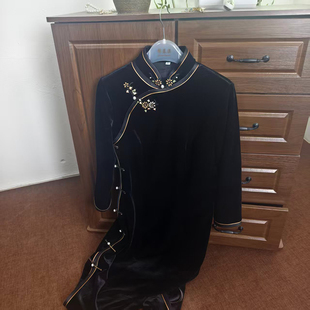 和风|锦暮溪秋冬上新古法全开襟手工旗袍一片式丝绒旗袍黑九分袖