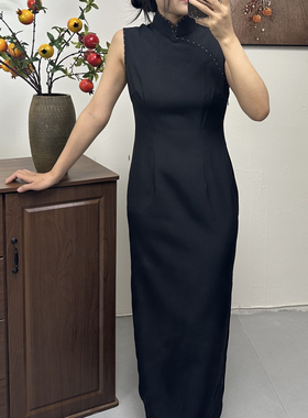 顺丰包邮》墨轩l上新复古港风旗袍手串珠130长纯色竖条纹古法收腰