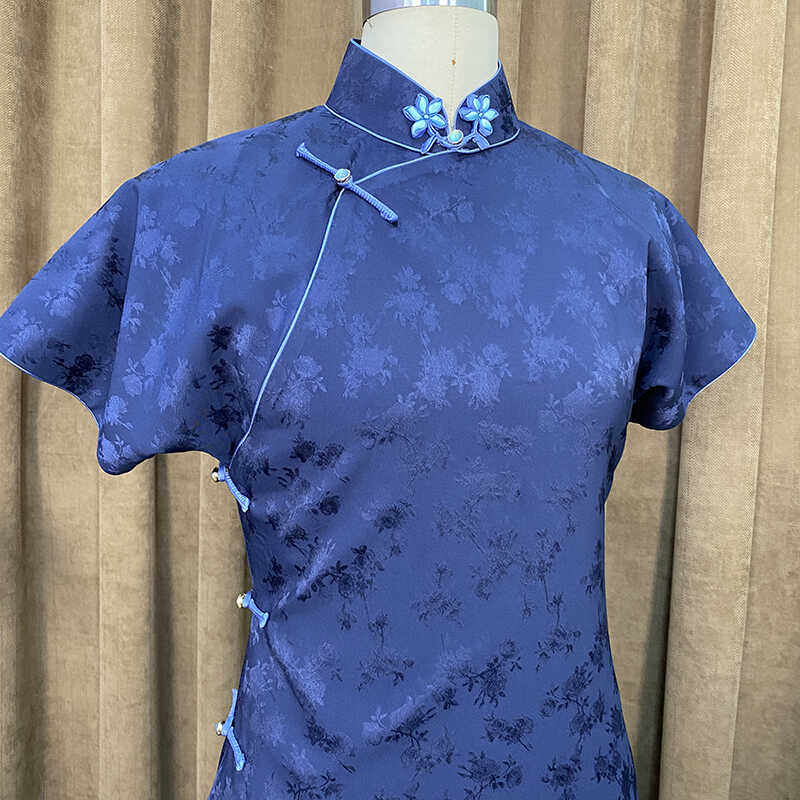 【亦蓝】锦暮溪春夏古法开襟手工旗袍花扣双层线香辊深蓝色显瘦版
