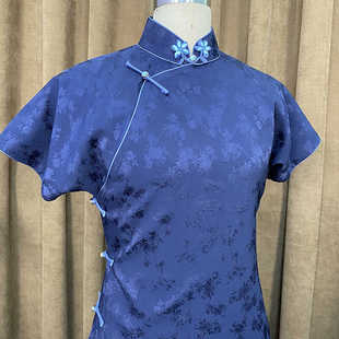 【亦蓝】锦暮溪新品入秋古法开襟手工旗袍花扣双层线香辊深蓝色