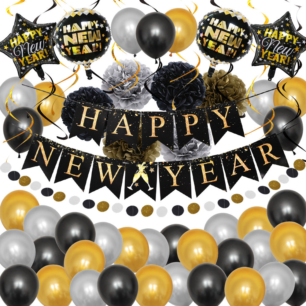 2021新年拉旗happy new year鱼尾旗金色跨年横幅过年装扮商场学校