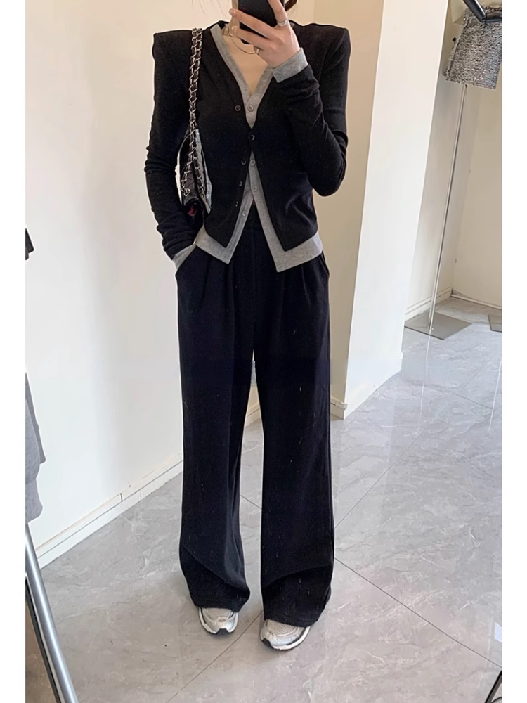 가을 새로운 게으른 스타일 가짜 투피스 긴팔 탑 와이드 팬츠 투피스 세트 여성을 위한 세련된 스포츠 및 레저 정장