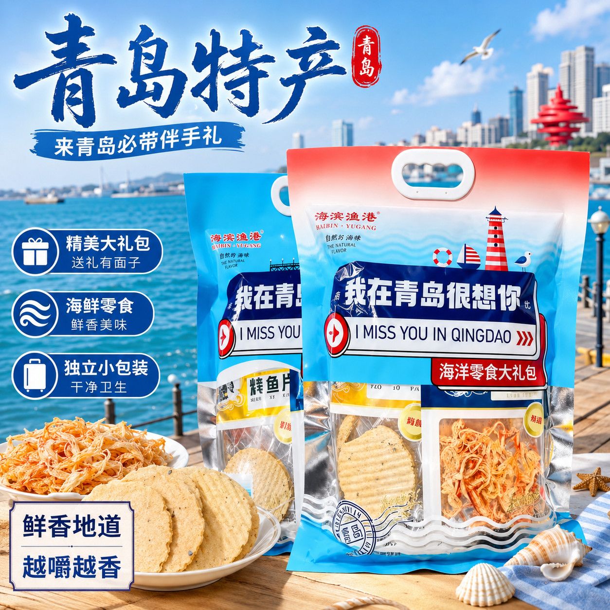 青岛特产伴手礼海鲜零食大礼包即食鱿鱼丝鳕鱼片礼盒旅游纪念品