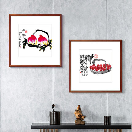 餐厅装饰画国画水墨花鸟画新中式墙面挂画客厅壁画双寿图斗方带框