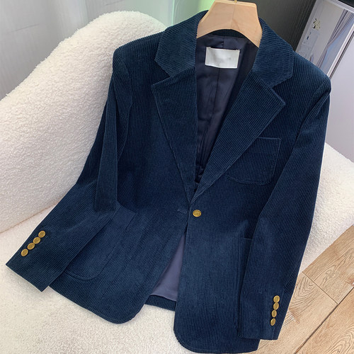 2026春秋新款西服高级感复古灯芯绒竖条肌理纹深蓝色西装外套女