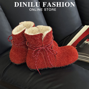 红色雪地靴女2025冬季加绒加厚棉鞋子时尚洋气内增高毛毛鞋短靴子