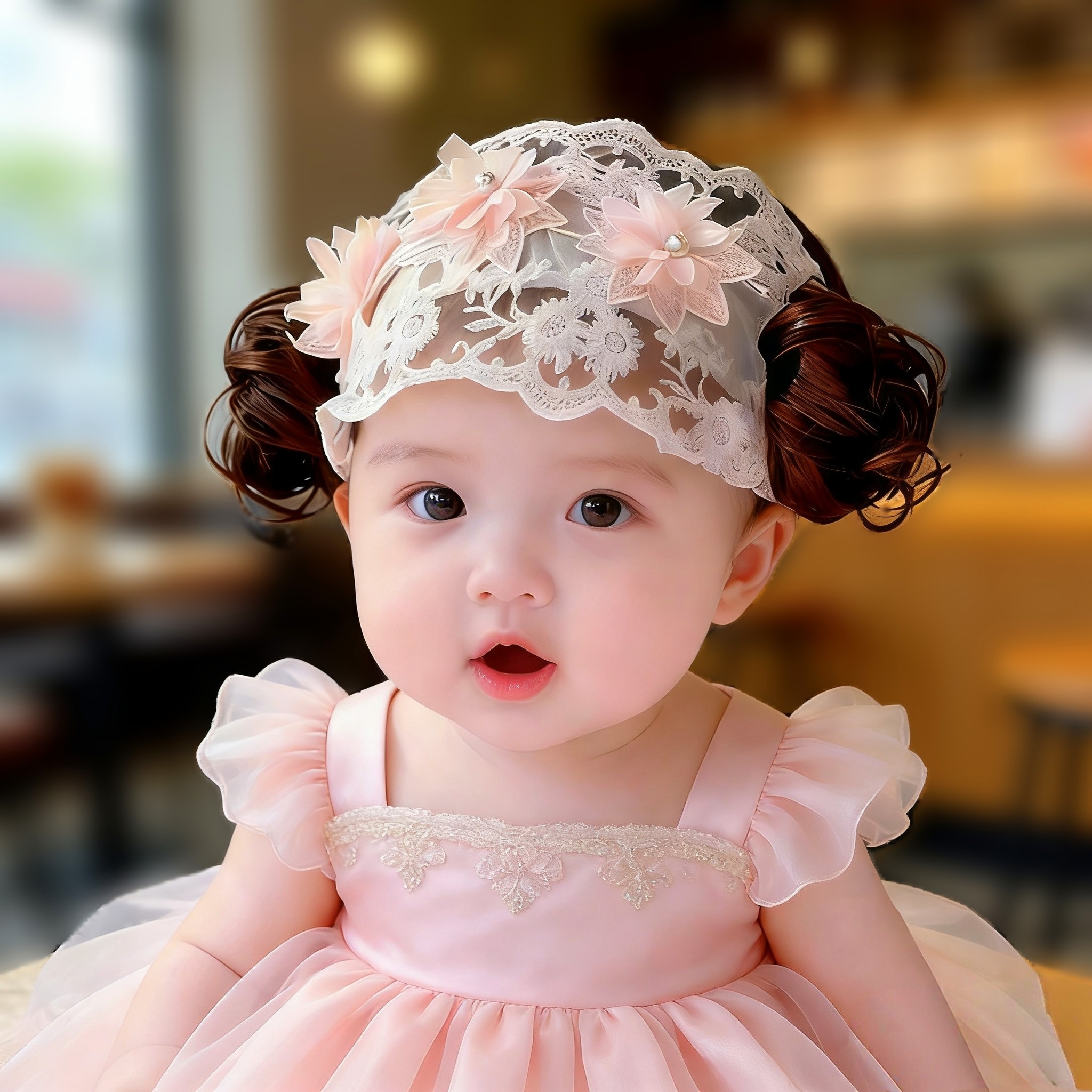 可爱假发蕾丝珍珠花朵女宝宝发带婴儿护囟门发饰柔软轻薄护额头