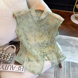 衬衫 印花盘扣无袖 女禅意国风旗袍领网纱小上衣 绿色2026春款 新中式