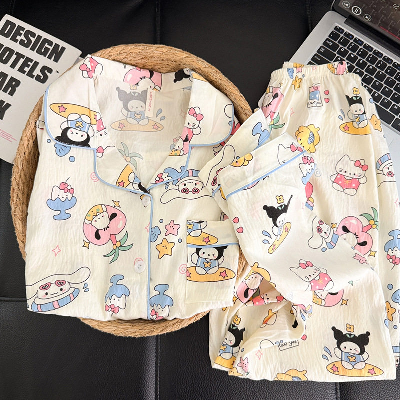 卡通派对云朵纯棉纱睡衣女款新款长袖春秋季可爱少女家居服夏