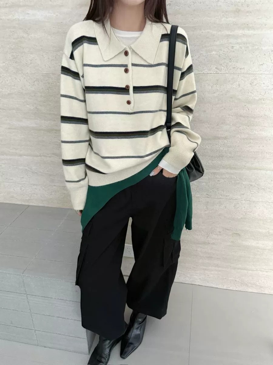 秋冬新款女韩版宽松时尚polo领条纹针织衫百搭休闲套头毛衣外套潮
