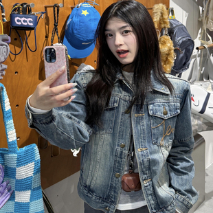 小个子美式 牛仔外套女2025新款 复古翻领夹克上衣潮 深蓝色短款 秋季