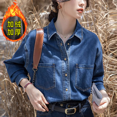 正肩复古牛仔衬衫女叠穿内搭