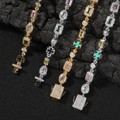 新款 潮流嘻哈项链 铜镶锆石男女同款 6mm彩色宝石手链小众时尚 个性