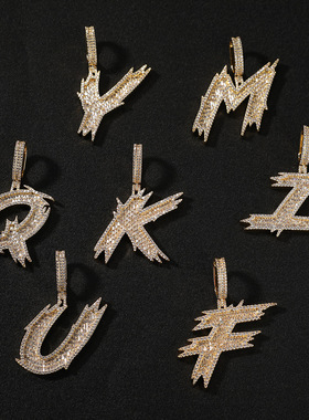 嘻哈铜镶锆石梯方冰刺26个大写单字母吊坠小众锁骨链欧美潮牌饰品