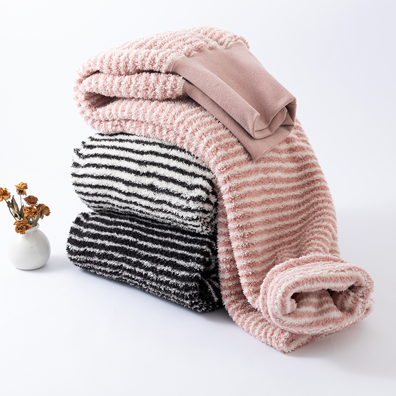 半边绒条纹睡裤女士高腰加绒加厚