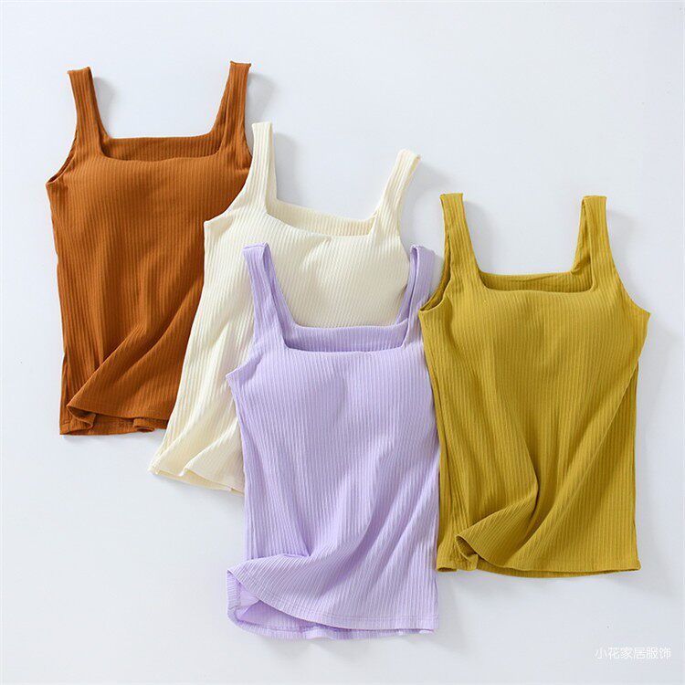 方领背心女修身打底衫夏纯棉罩杯一体自带胸垫方形一字领吊带内衣
