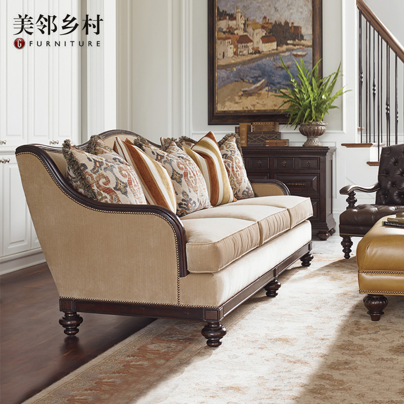 美式复古简约全实木布艺三人沙发别墅洋房羽绒舒适大户型主位沙发