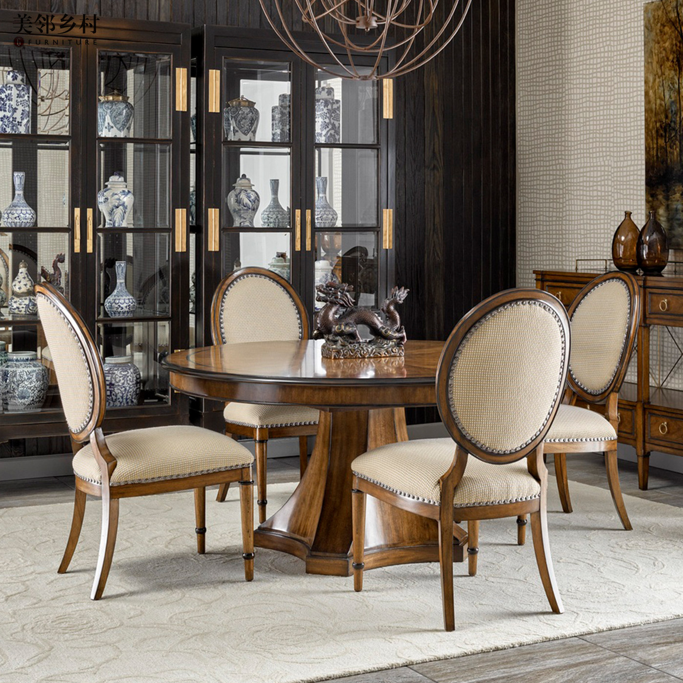 美式复古怀旧全实木圆餐桌1.3米椭圆加长1桌6椅组合乡村圆桌定制