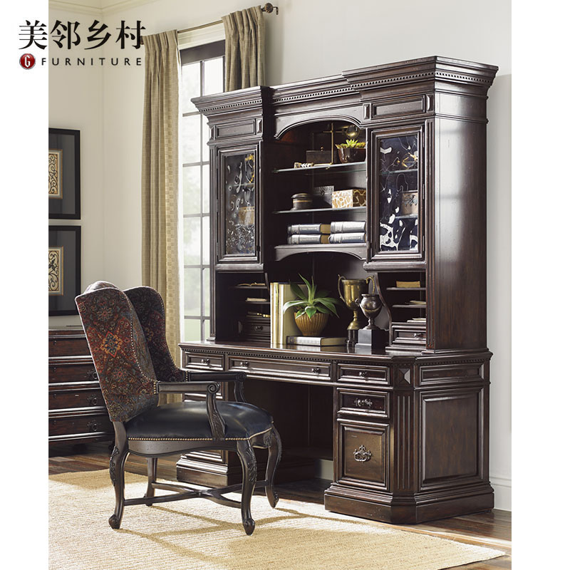美式进口桃花心木原木古典连体书桌书橱别墅大户型书柜高端定制