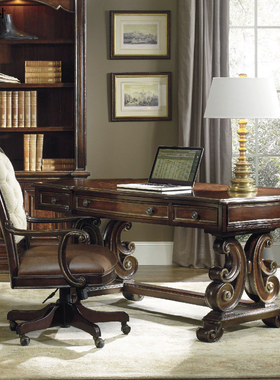 Hooker胡克美式复古实木书桌欧式书房古典桃花心电脑桌写字桌定制