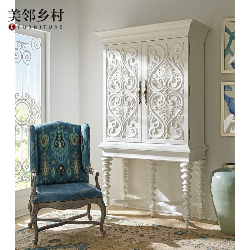 美式乡村复古雕花实木双门酒柜定制白色仿古红酒柜靠墙高柜罗马柱
