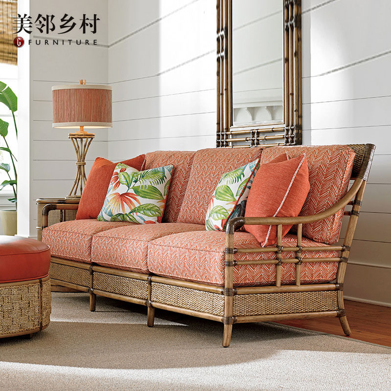 东南亚海岛风实木竹子艺沙发双三人客厅藤编休闲花布软包定制沙发