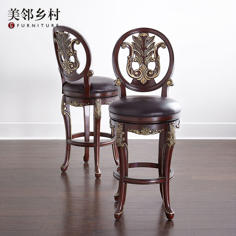 美式古典欧式全实木描金家用吧椅高背红酒椅真皮吧台椅高端定制