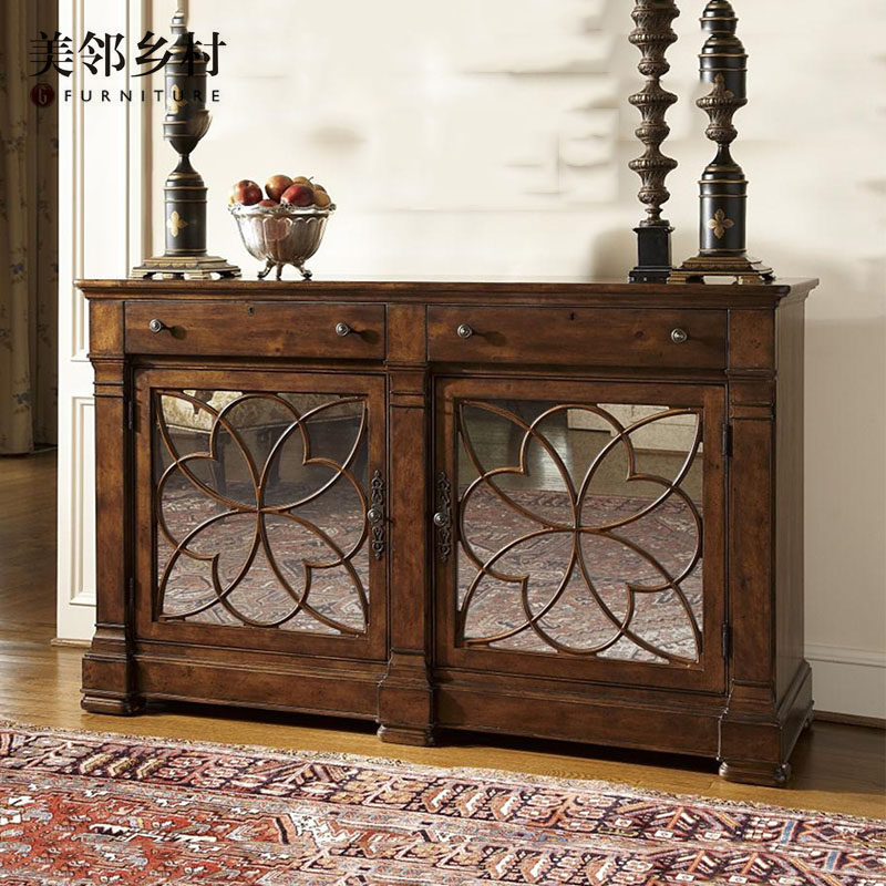 美式怀旧FINE精致实木做旧门厅玄关柜仿古餐桌边柜镜面鞋柜定制