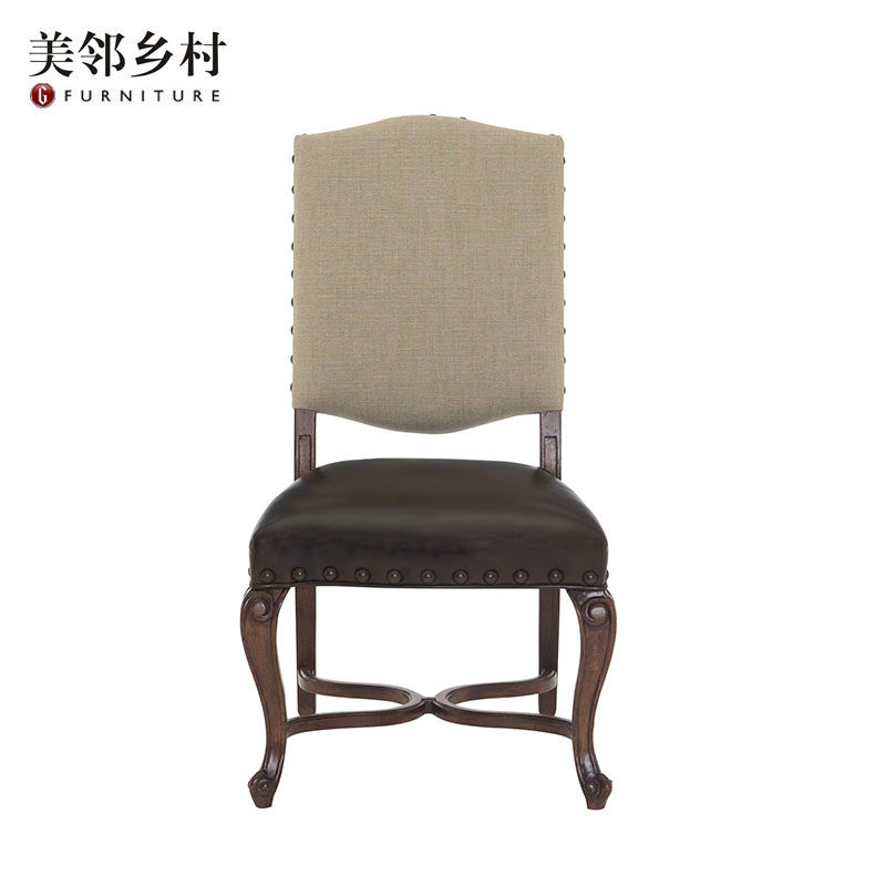 美式复古真皮布艺扶手椅写字椅家用实木餐椅高端工厂定制铆钉椅子