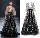 Marchesa新款 遮手臂年会主持颁奖演出礼服 黑色奢华精致钉珠喇叭袖