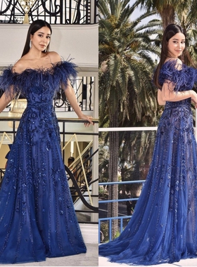 ZuhairMurad气质深蓝色鸵鸟毛一字肩奢华演出走秀显瘦晚礼服定制