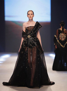 新款时尚奢华钉珠抹胸单肩舞台演出走秀主持颁奖典礼年会晚礼服