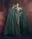 精致手工钉珠大型演出走秀晚礼服 草绿色大长袖 ZiadNakad新款 时尚