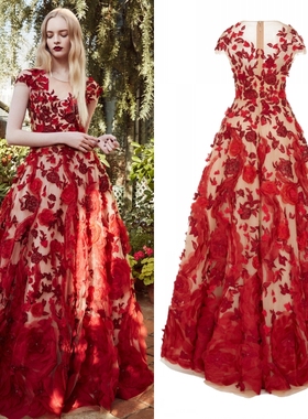 Marchesa新款红色花朵钉珠仙仙新娘敬酒服年会宴会就会主持晚礼服