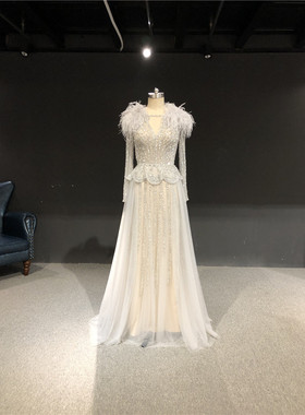 灰色大牌晚礼服晚会主持颁奖红毯走秀演出服艺考鸵鸟毛晚礼服定制