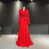 精致钉珠主持人晚会颁奖晚礼服新娘敬酒服 鱼尾长袖 新款 红色修身