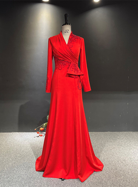新款红色修身鱼尾长袖精致钉珠主持人晚会颁奖晚礼服新娘敬酒服