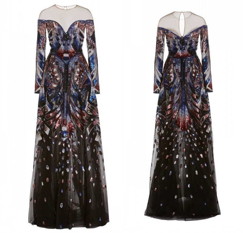 钉珠一字肩a摆酒会生日派对礼服