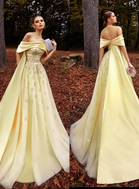 时尚精致黄色一字肩名媛舞会酒会晚宴生日派对正式场合晚礼服定制