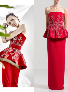 新款红色缎面修身直筒抹胸显瘦年会宴会生日走秀晚礼服新娘敬酒服