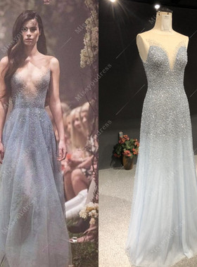 新款高端洋气星空仙仙灰蓝色森系宴会酒会生日派对舞会年会晚礼服