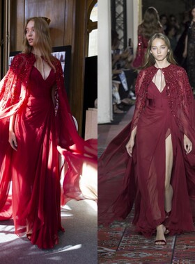 新娘红色礼服披肩遮手臂V领开车显瘦时尚走秀晚礼服旅拍长礼服