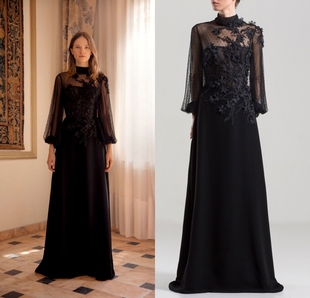 复古年会宴会酒会主持颁奖新娘妈妈礼服 立领时尚 新款 2020黑色长袖