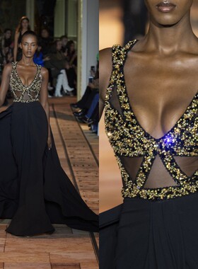 新款轻奢性感气质深V名媛宴会聚会生日派对旅拍红毯走秀颁奖礼服