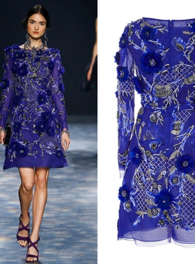 Marchesa宝蓝色长袖短款小礼服宴会酒会生日派对年会主持颁奖晚装