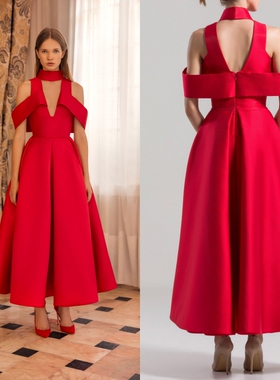 新款高端红色缎面中长款深V露肩名媛生日宴会年会派对新娘晚礼服