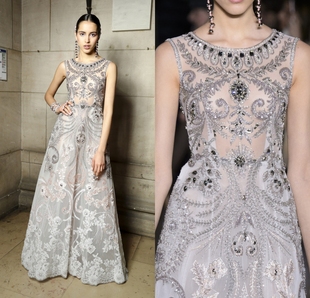 高端新款 名媛生日年会酒会主持礼服 银色精致珠绣气质新娘礼服晚装