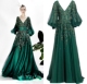 深V领年会酒会颁奖典礼红毯走秀时尚 灯笼袖 晚礼服 长袖 墨绿色新款