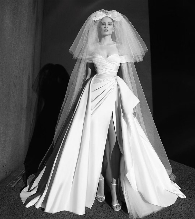 Zu Haimura 2022 new imported satin -shaped shoulder sexy high -cut bride ceremony main wedding dress customization