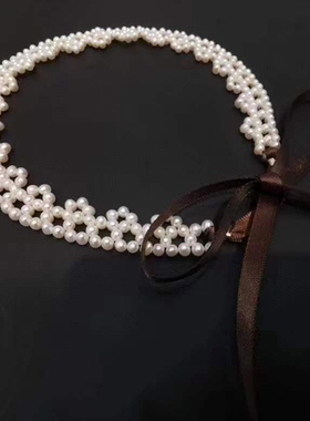 天然淡水珍珠项链 手工花链小珍珠颈链 束发带 短款两用